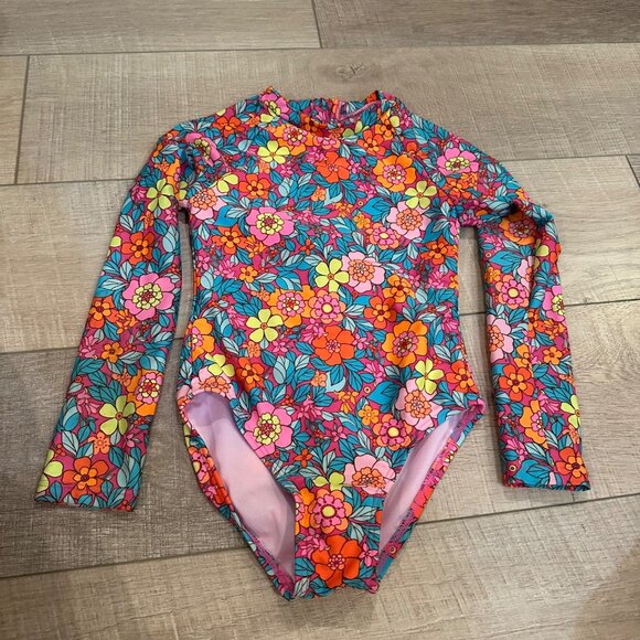 Girls Floral Long-Sleeve One-Piece Swimsuit XS By Cat & Jack Bright Multicolor - Picture 5 of 5